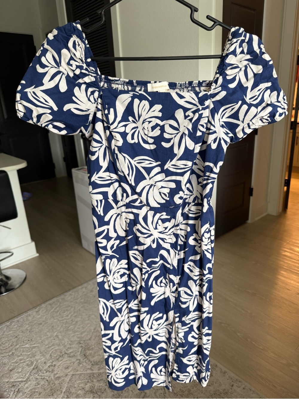 Monteau Navy & White Floral Puff-Sleeve Midi Dress